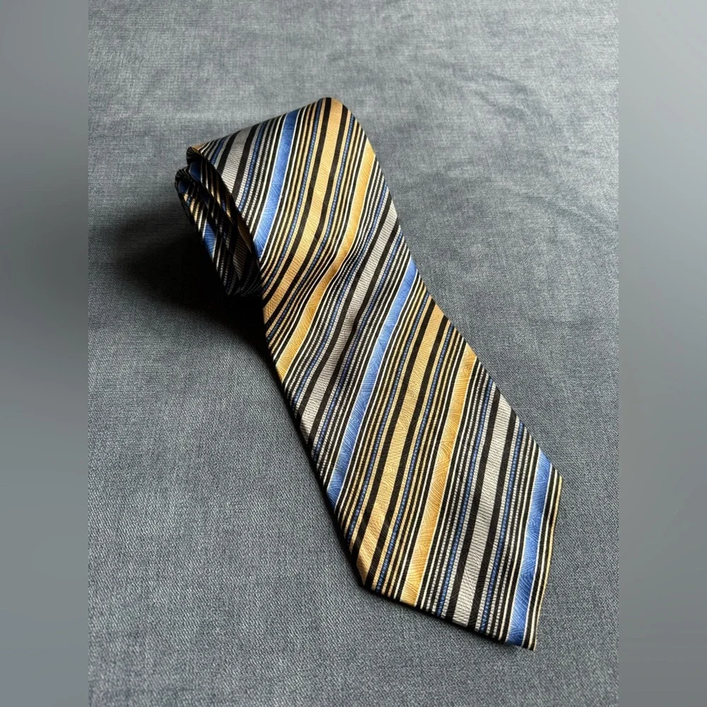 VTG Pierre Cardin Men’s 100% Silk Neck Tie Gold Blue Black Silver Striped Retro